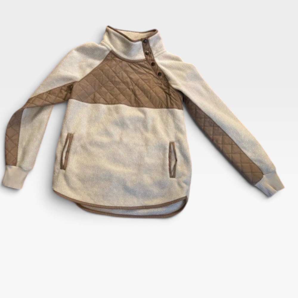 Abercrombie & Fitch Cream Tan Sherpa Quilted Snap Neck Pullover Small